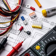 Assorted electrical tools, wires, circuit fuses, and a multimeter placed on an electronic schematic diagram, suggesting electrician testing, rewires, or repair work.