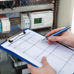 A person holding a pen and checklist stands in front of an open electrical control panel, inspecting wires and meters—ideal for tasks like rewires or issuing landlord certificates.